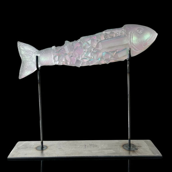 Crystal Fish Cast Sculpture w/ Metal Stand