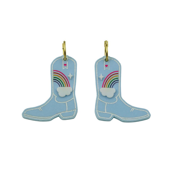 Rainbow Cowboy Boot Earrings - Blue
