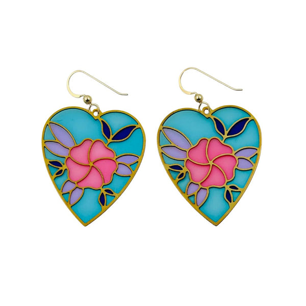 Translucent Floral Heart Earrings - Blue