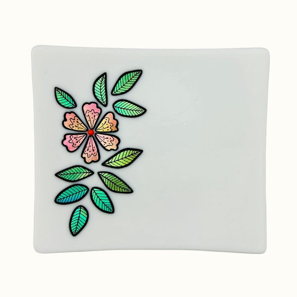 White Plate - Dichroic Flower & Leaves