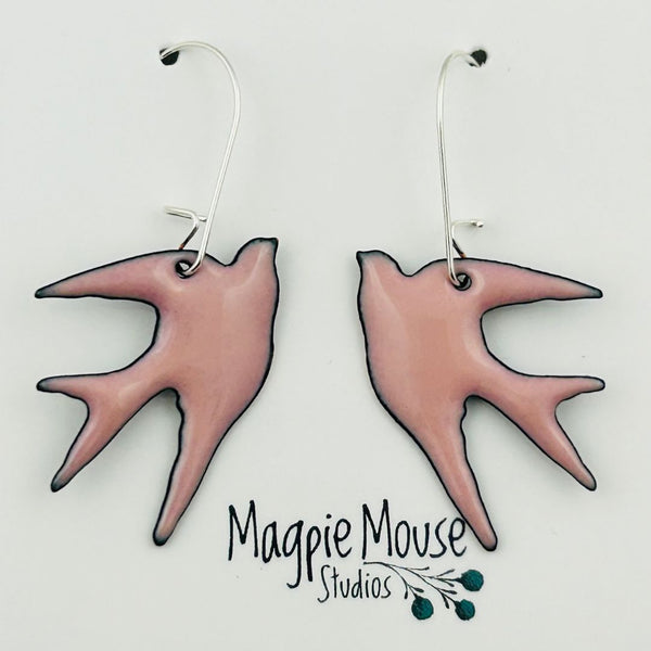 Enamel Swallow Earrings - Petal Pink