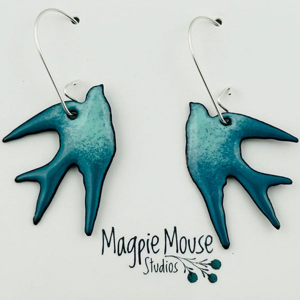 Enamel Swallow Earrings - Baby Blue Teal