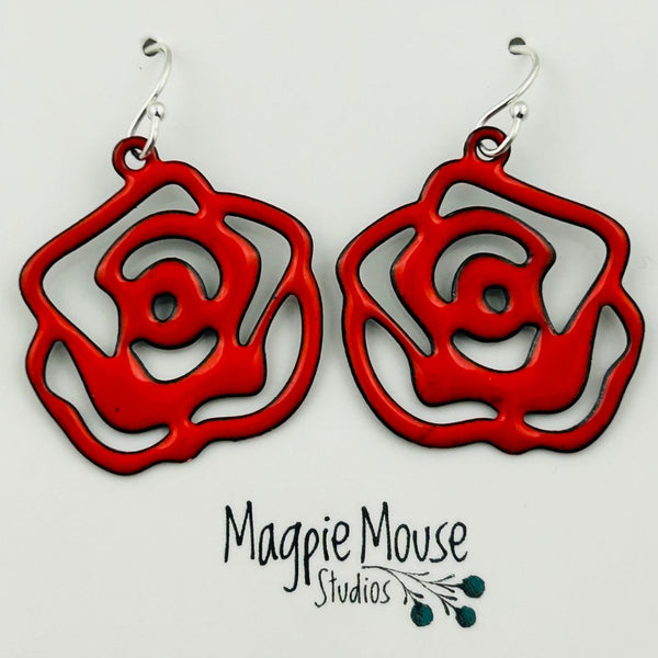 Enamel Rose Earrings - Flame Orange