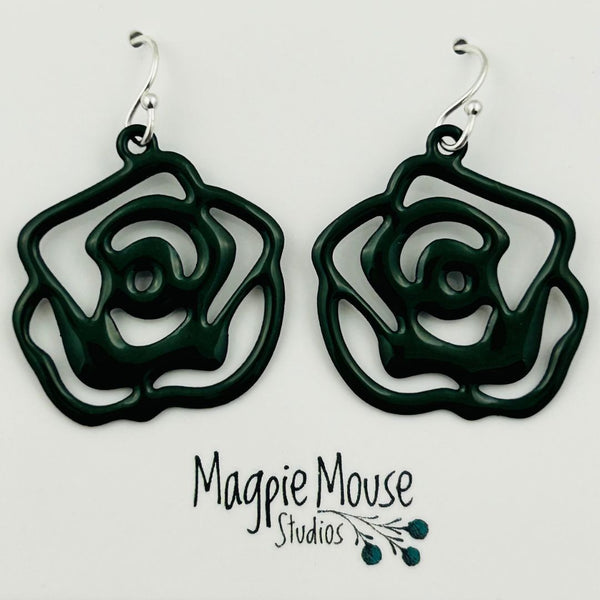 Enamel Rose Earrings - Alpine Green