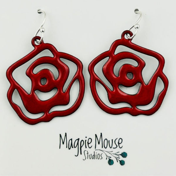 Enamel Rose Earrings - Red