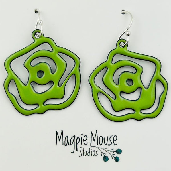 Enamel Rose Earrings - Spring Green