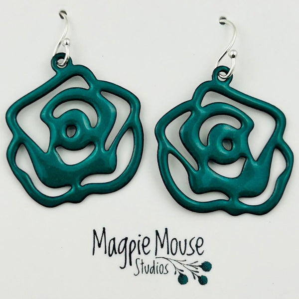 Enamel Rose Earrings - Spruce Green