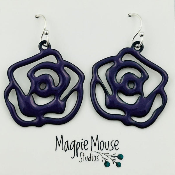 Enamel Rose Earrings - Iris Purple