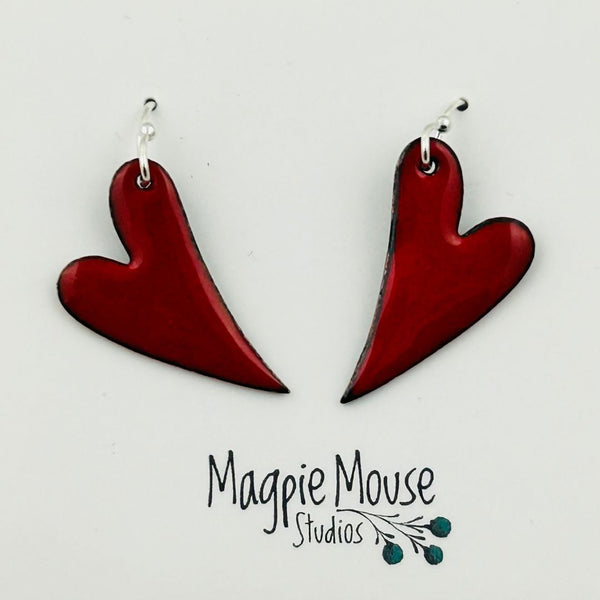 Enamel Skinny Heart Earrings - Red