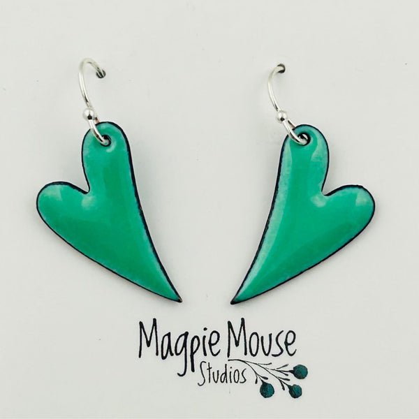 Enamel Skinny Heart Earrings - Mint Green