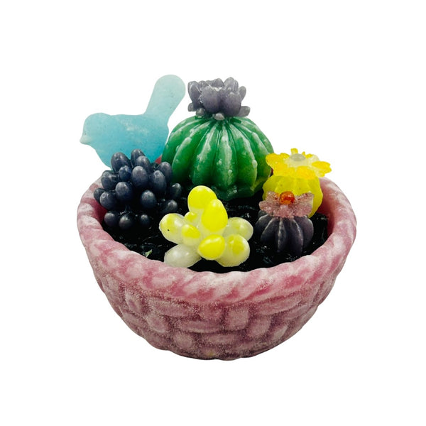 Pâte de Verre Pink Basket w/ Succulents & Bird