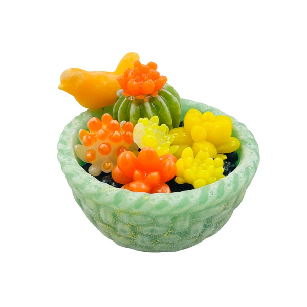 Pâte de Verre Green Basket w/ Succulents & Bird