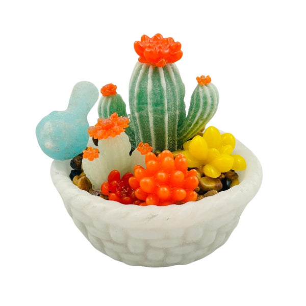 Pâte de Verre White Basket w/ Succulents & Bird