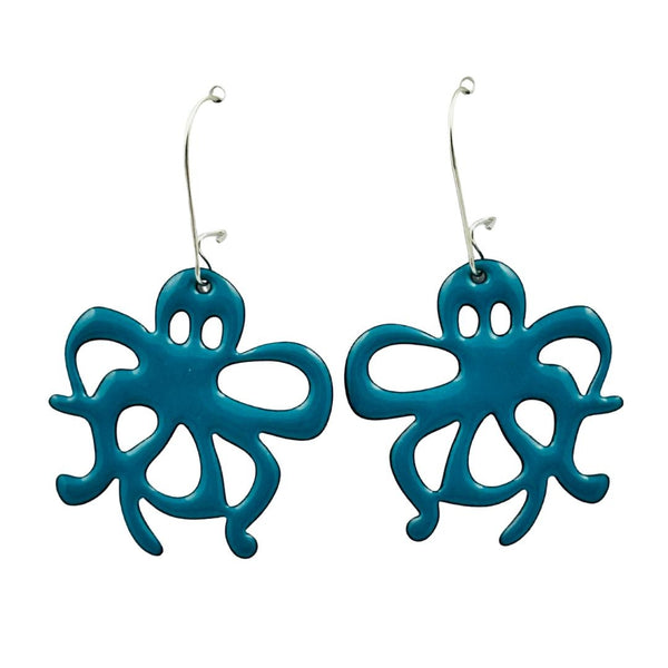 Enamel Octopus Earrings - Large Teal