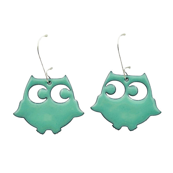 Enamel Owl Earrings - Large Mint