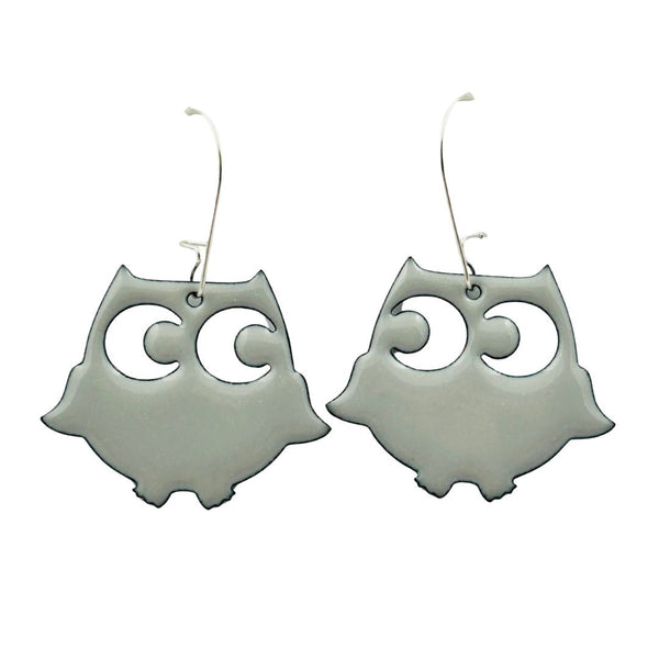 Enamel Owl Earrings - Large Grey