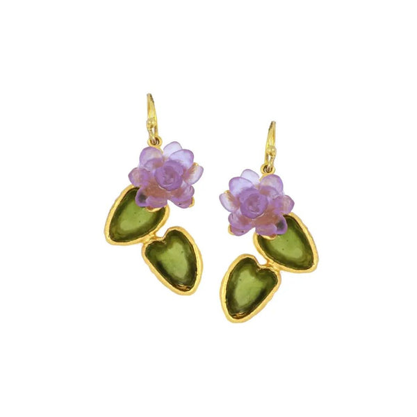 Water Lily Drop Statement Wire Earrings -  Lavender