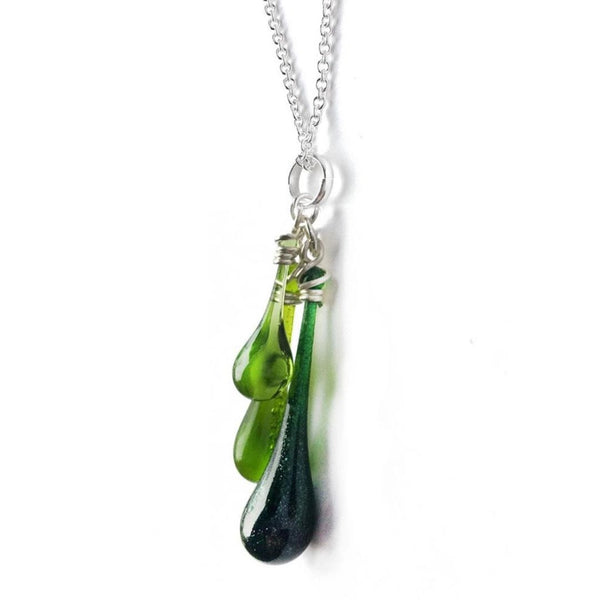 Trio Colorful Glass Teardrop Necklace - Forest Green