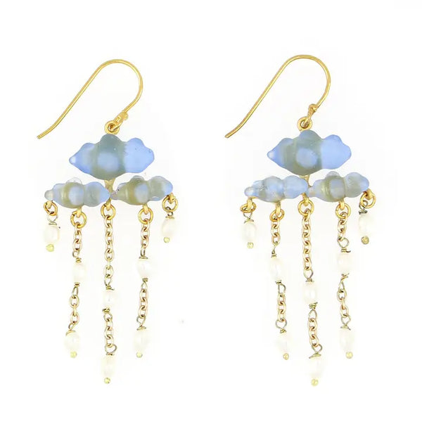 Cloud Statement Wire Earrings with Pearls - Light Blue