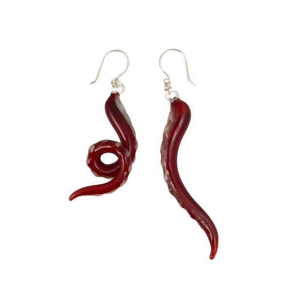 Glass Octopus Tentacle Earrings - Crimson
